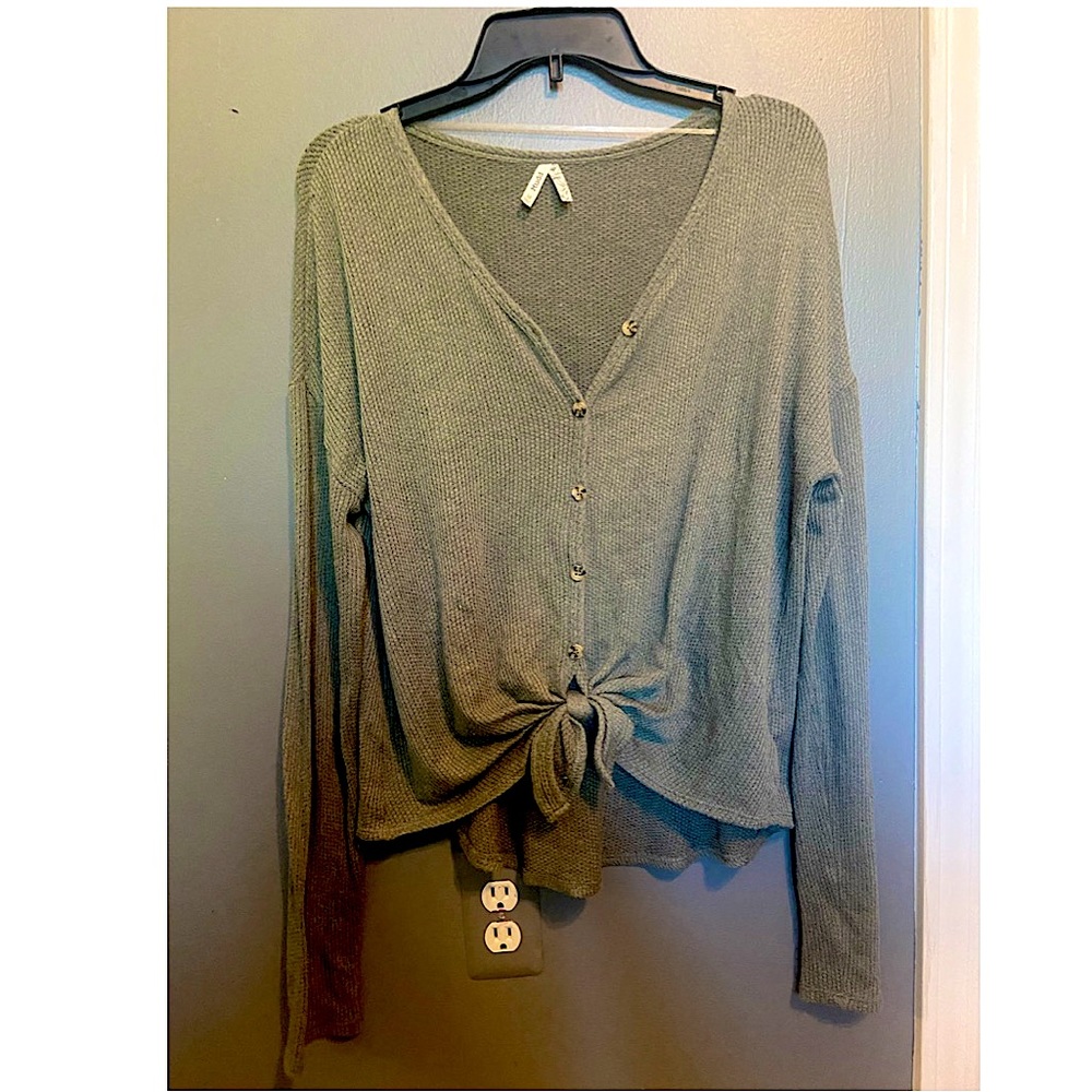 Green button down V neck sweater